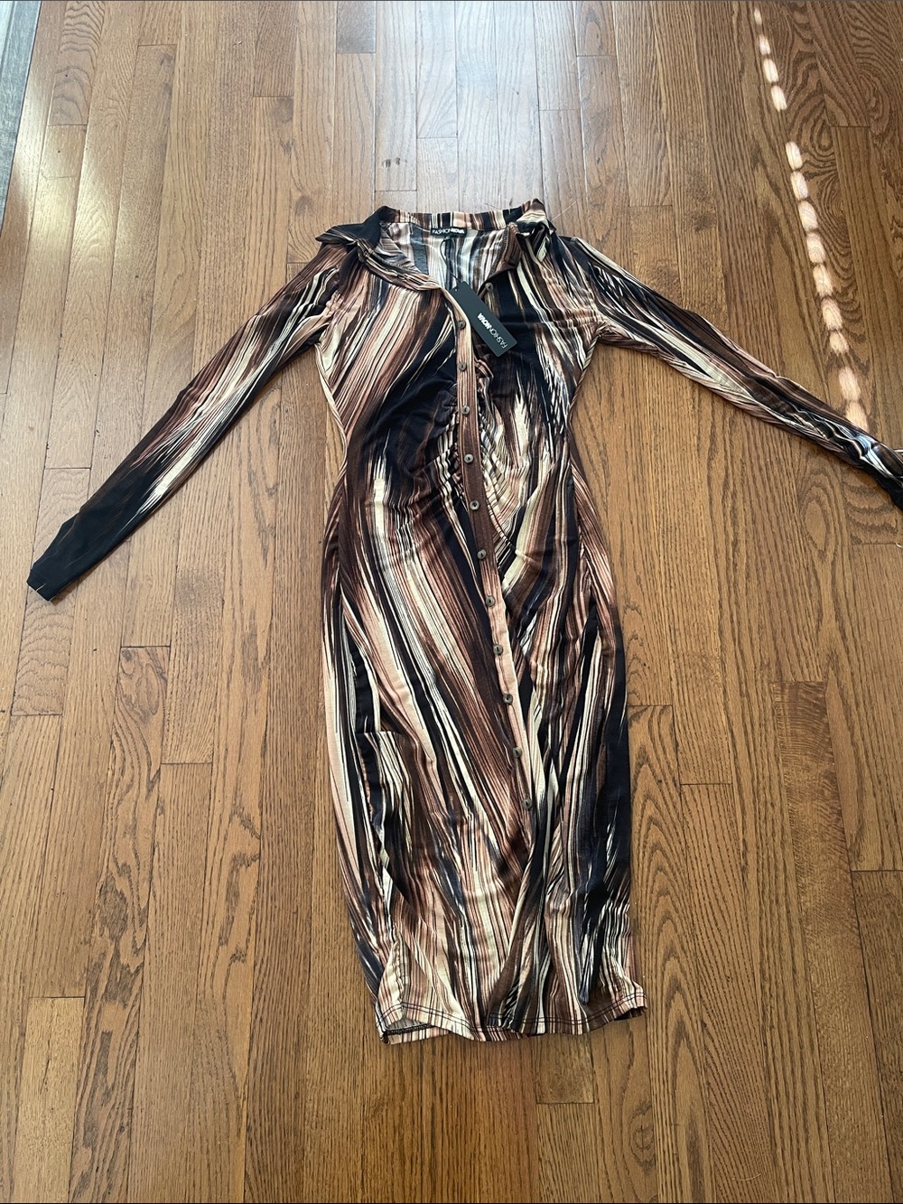 Fashion Nova Brown & Black Striped Long Sleeve Button Dress Katherine ruched mid